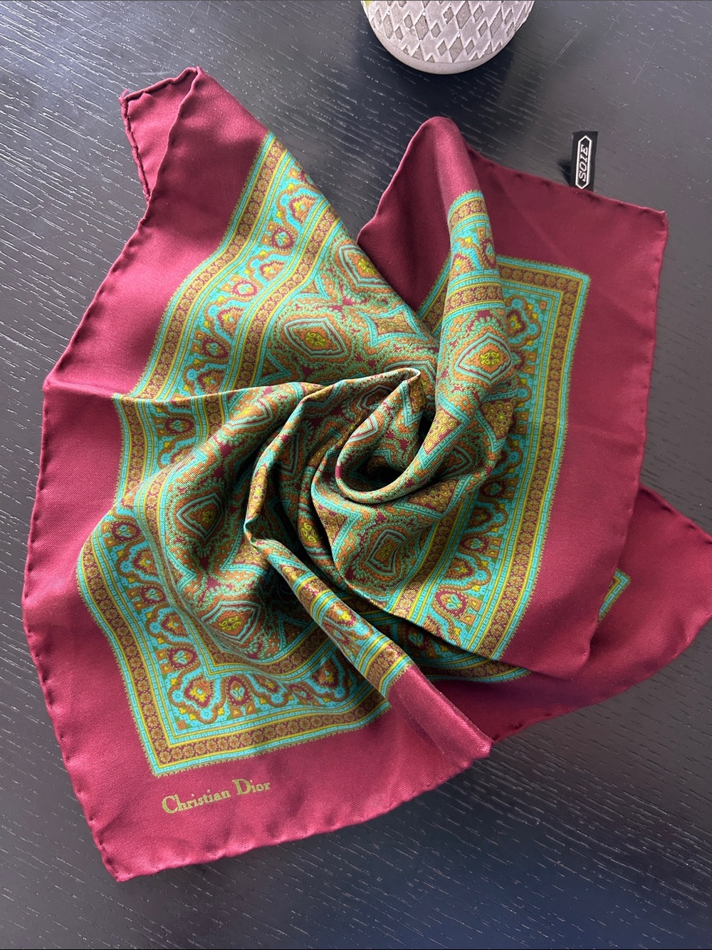 Dior Silk Pocket Square - Burgundy, Teal & Gold Medallion Print